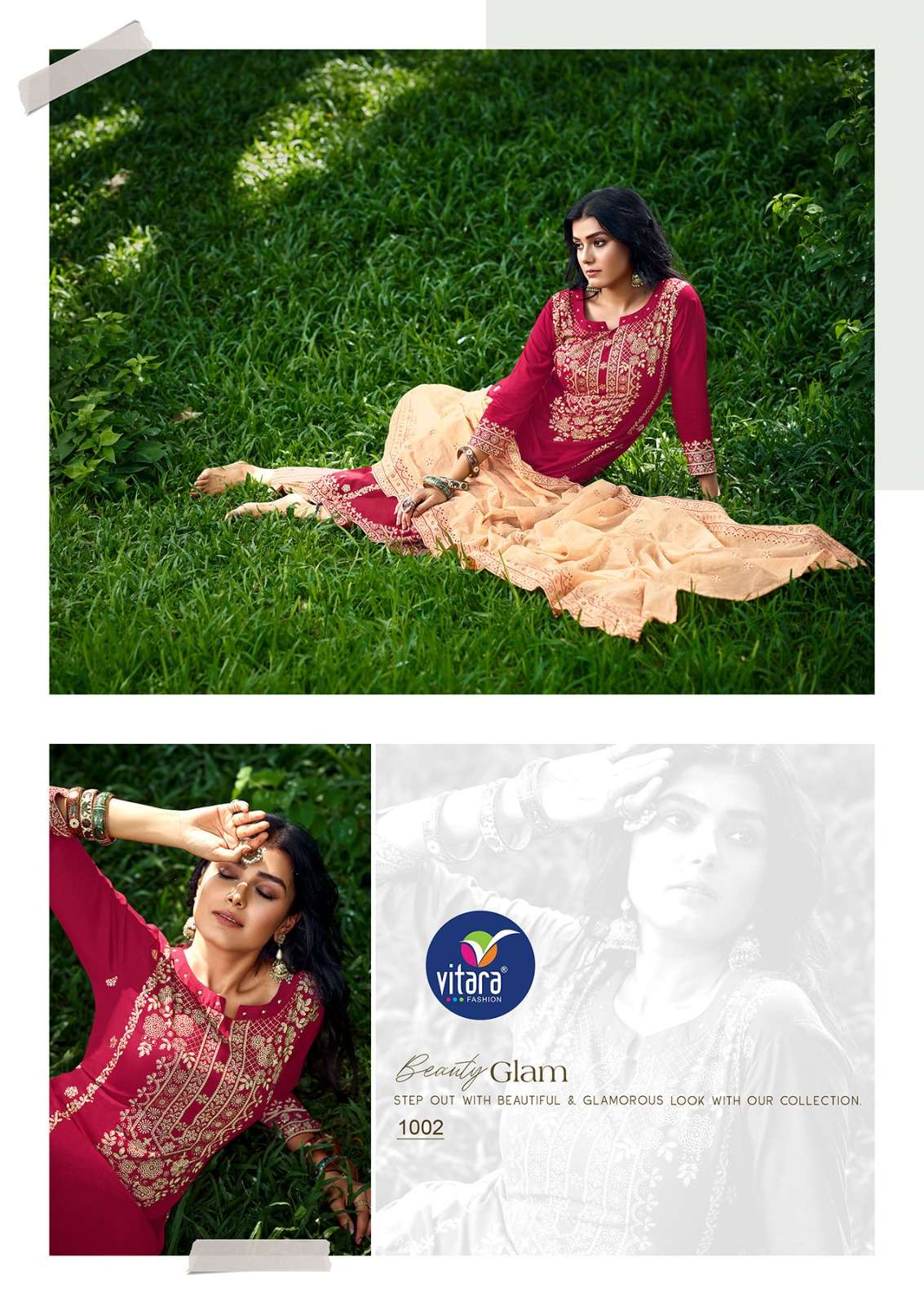 CALISTO HEAVY REYON FOIL PRINT HANDWORK KURTI WITH BOTTOM AND VISCOS CHANDERI DUPATTA BY VITARA FASHION BRAND 1002 C
